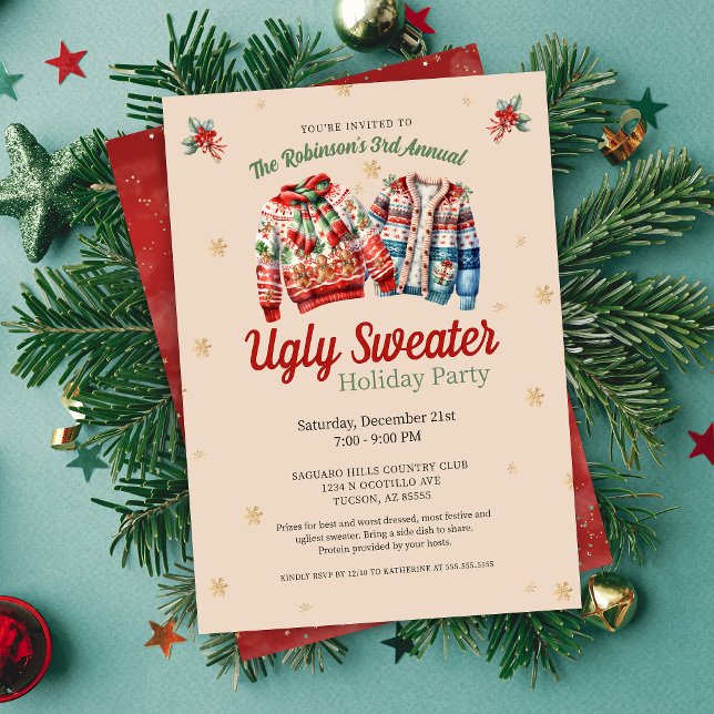 Invitation Fête mignonne annuel Doux moche fête de Noël (festive ugly christmas sweater party invitations for corporate work office or school family party)