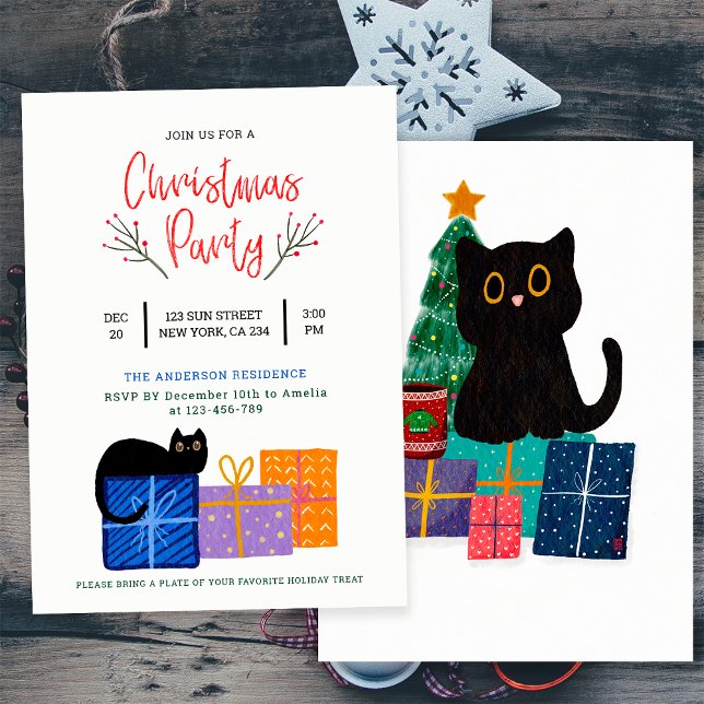 Invitation Fête Mignonne Art Café Chat Noir Fête de Noël (Front and Back)