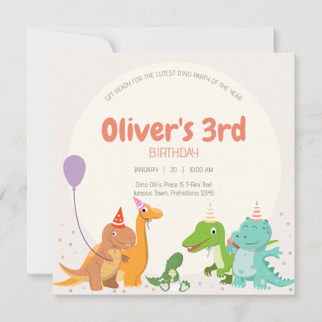 Invitation Fête mignonne de Dino pour un 3e anniversaire (Devant)