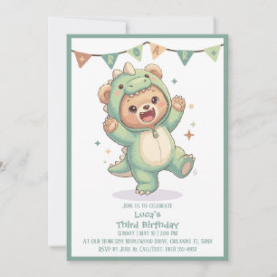 Invitation Fête Mignonne Dinosaure Kawaii Ours   3e Anniversa