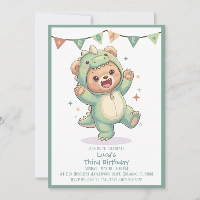 Invitation Fête Mignonne Dinosaure Kawaii Ours | 3e Anniversa (Devant)