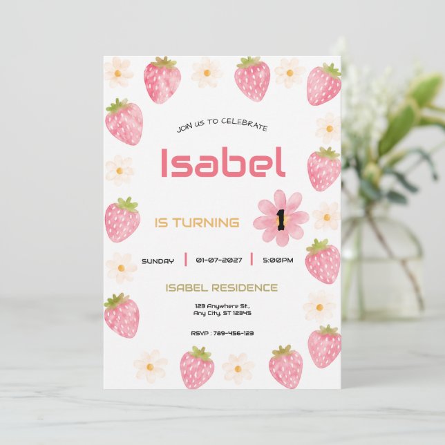 Invitation Fête Mignonne Fleur Rose Anniversaire Fraise (Debout devant)