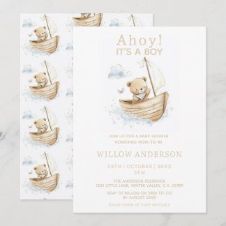 Invitation Fête minimale Ahoy C'est un garçon Ourson Voilier