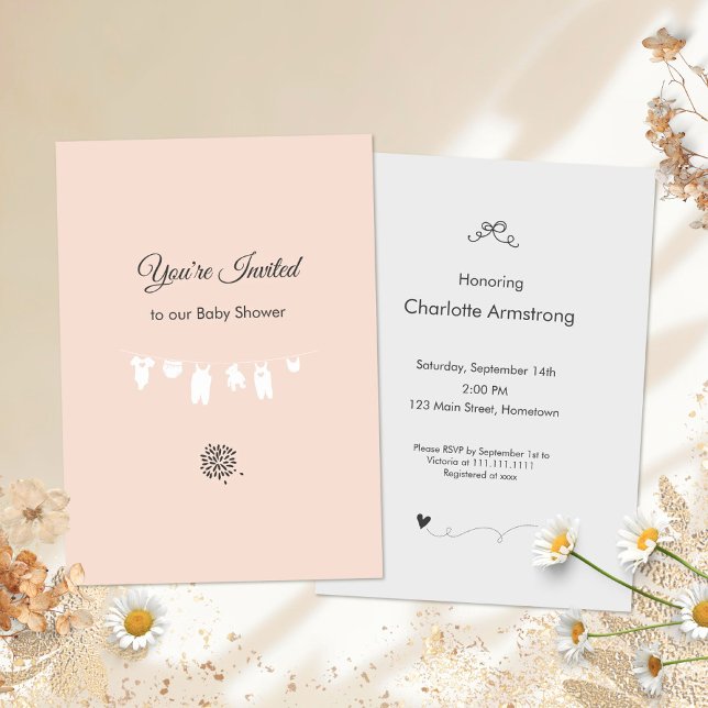 Invitation Fête minimale bébé fille pêche clair (Light Peach Minimalist Baby Girl Shower Invitation ©Susanne Sachers - Sunny Mind 🌞)