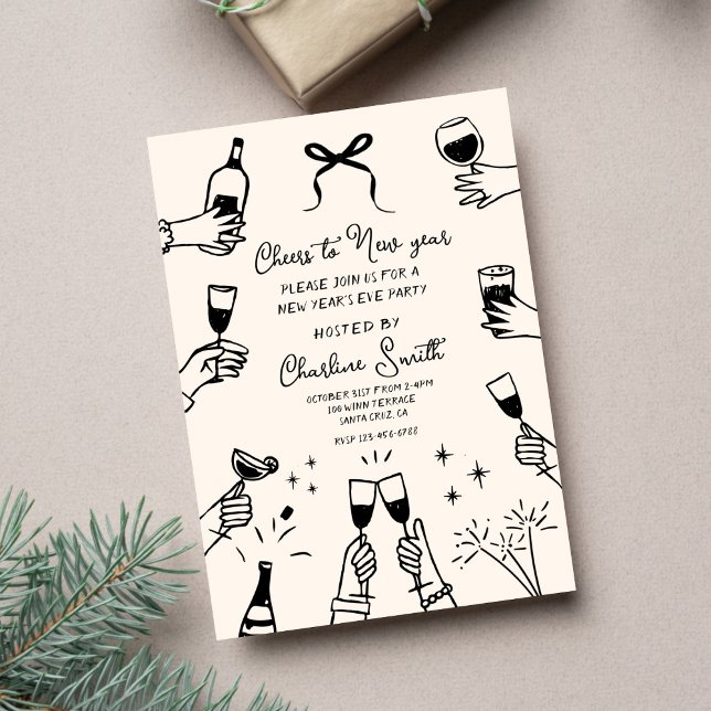 Invitation Fête minimale « Bonne année » dessiné à la main (Créateur téléchargé)