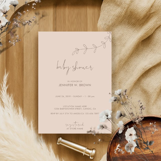 Invitation Fête minimale de fleurs brunes pour bébé (Créateur téléchargé)