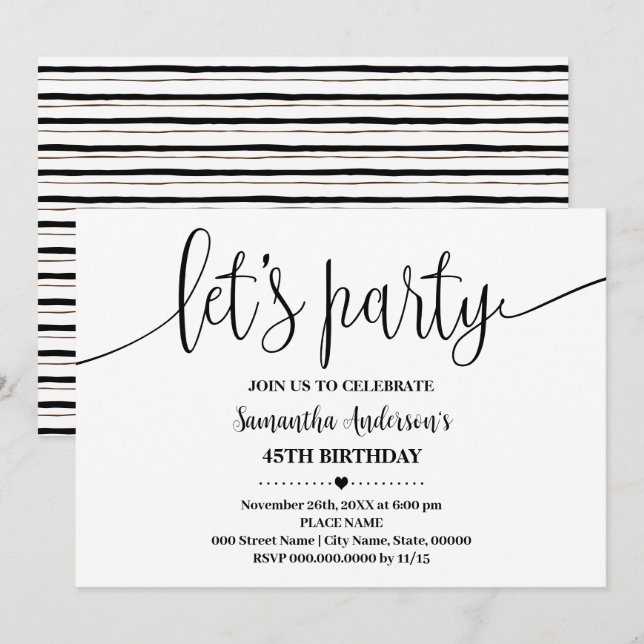 Invitation Fête Minimaliste Anniversaire Tout Âge (Devant / Derrière)