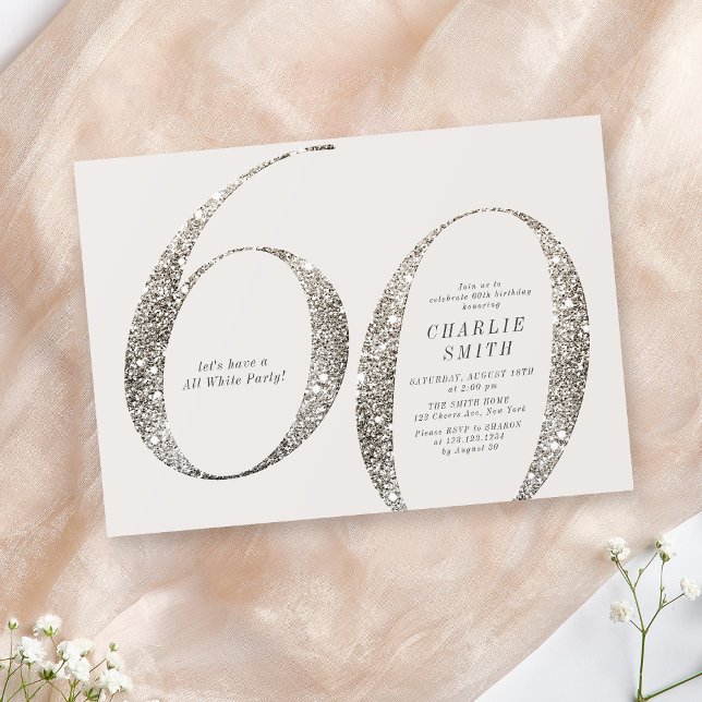 Invitation Fête minimaliste moderne tout blanc 60e anniversai (Modern minimalist all white party 60th birthday invitation)
