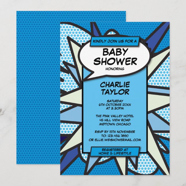 Invitation Fête Moderne Amusante de Bébé Garçon Bleu Bande De (Devant / Derrière)
