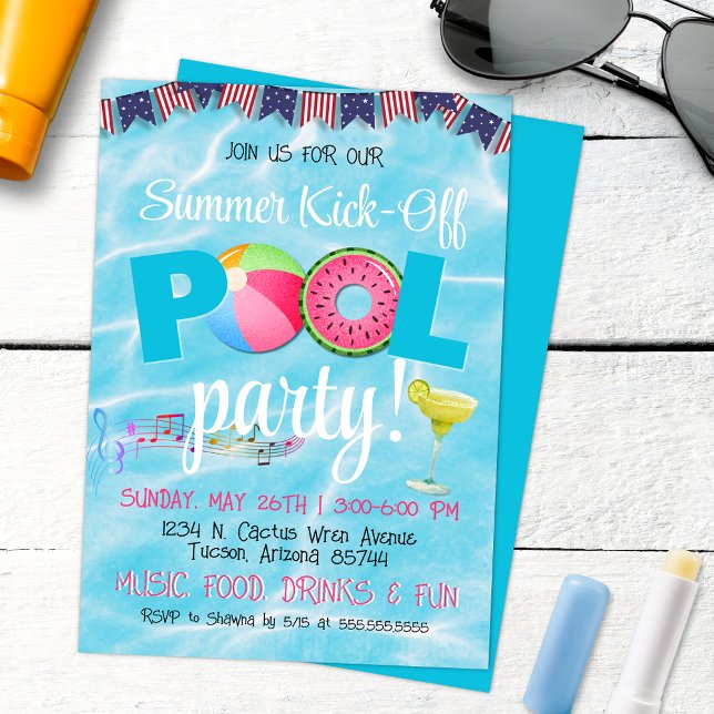 Invitation Fête moderne au bord de la piscine pour le 4 juill (Fun Colorful Summer Pool Party Invitation with Modern Music, Margaritas and Music)