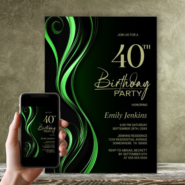 Invitation Fête moderne Black Green 40e anniversaire (Créateur téléchargé)