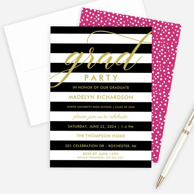 Invitation Fête moderne Black Stripes Gold Custom Grad Party (Créateur téléchargé)