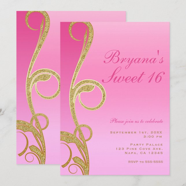 Invitation Fête moderne chic rose et or pour Sweet 16 (Devant / Derrière)