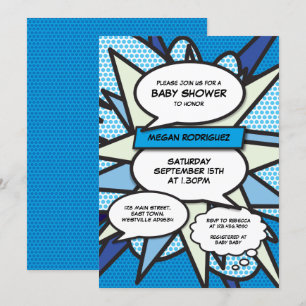 Invitation Fête Moderne de Bébé Garçon Bleu Bande Dessinée