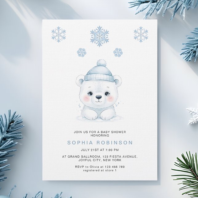 Invitation Fête Moderne de Bébé Garçon Ours Polaire Hiver (Créateur téléchargé)