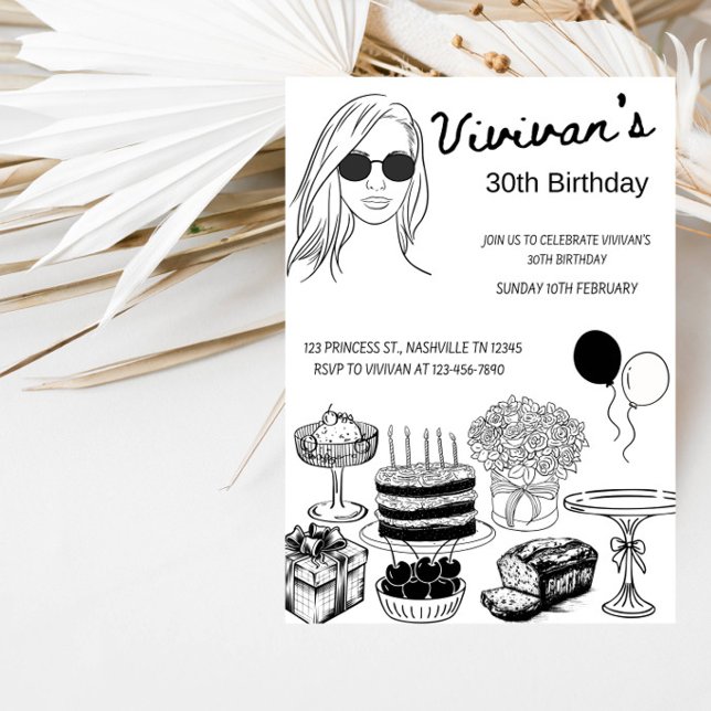 Invitation Fête Moderne de Fille avec Ligne d'Art pour Annive (Créateur téléchargé)