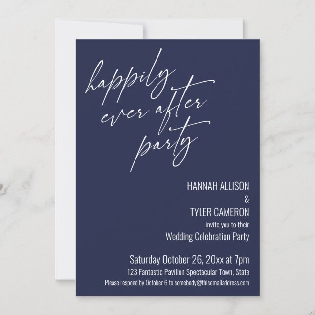 Invitation Fête Moderne de Mariage Heureux Réception Navy (Devant)