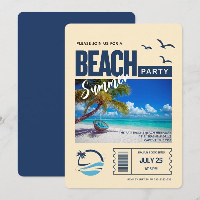 Invitation Fête Moderne de Plage Bleu Foncé (Devant / Derrière)