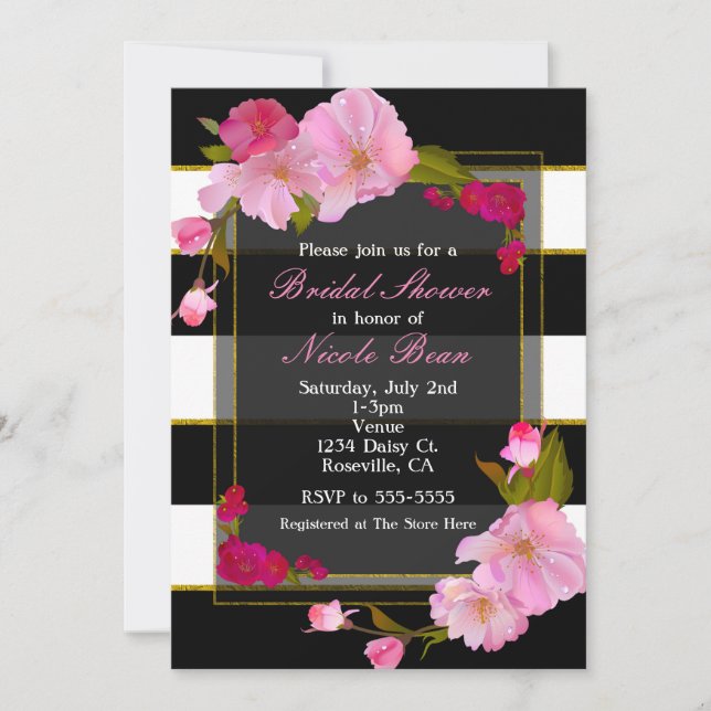 Invitation Fête Moderne Florale Chic Noir Blanc et Or (Devant)