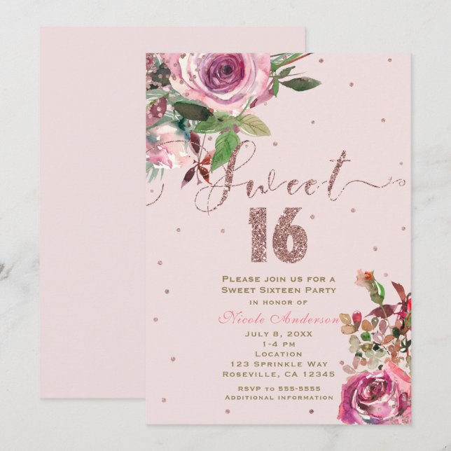 Invitation Fête moderne florale rose gold et rose blush 16 an (Devant / Derrière)