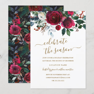 Invitation Fête moderne florale rouge Bourgogne or