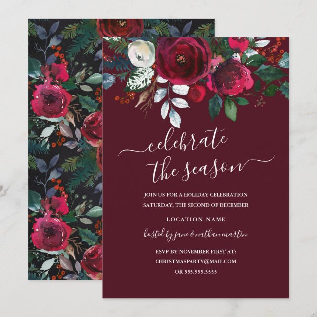 Invitation Fête moderne florale rouge Bourgogne vacances (Devant / Derrière)
