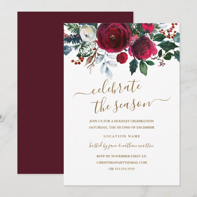 Invitation Fête moderne florale rouge or (Devant / Derrière)