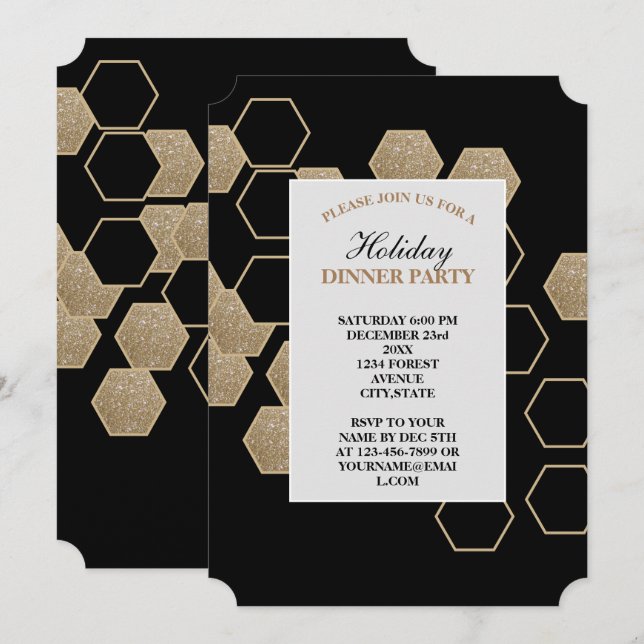 Invitation fête moderne géométrique hexagonale noire et or (Devant / Derrière)