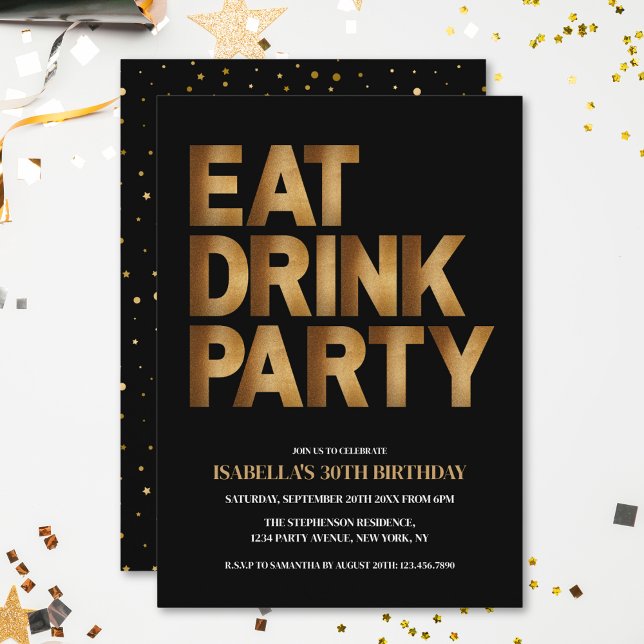 Invitation Fête Moderne Manger Boire Anniversaire Thème Noir  (Créateur téléchargé)