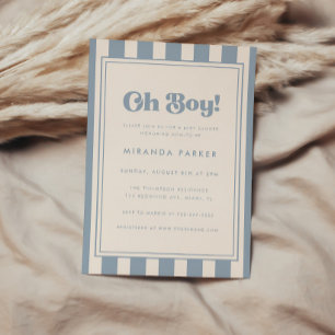 Invitation Fête Moderne "Oh Boy!" Rayée Bleue et Beige pour B