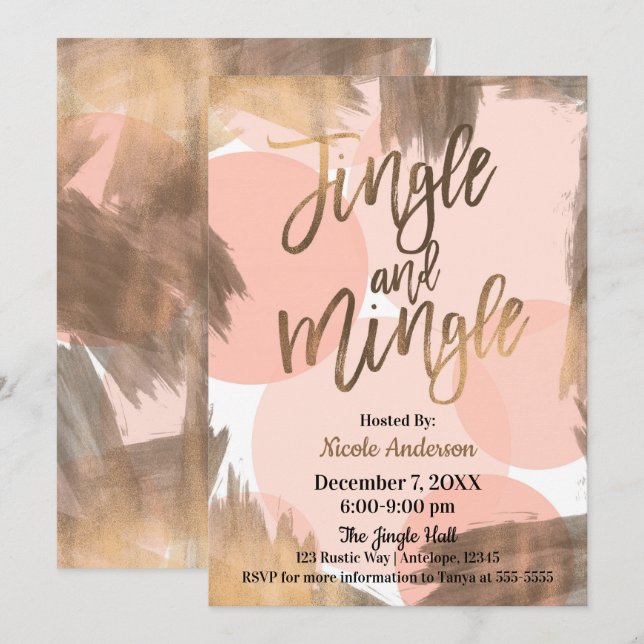 Invitation Fête Moderne Peach Copper Bronze : Jingle & Mingle (Devant / Derrière)