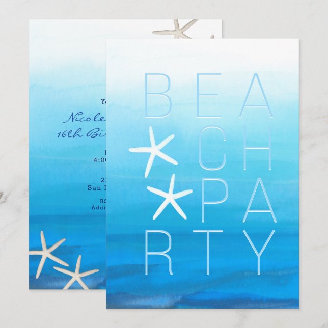 Invitation Fête Moderne Tropicale de Plage à l'Aquarelle Bleu (Devant / Derrière)
