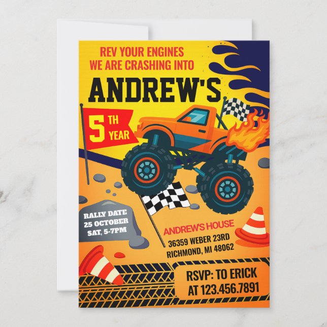 Invitation Fête Monster Truck Jam Enfants Anniversaire (Devant)