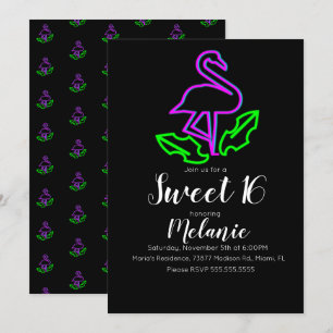 Invitation Fête néon tropical flamant rose Glow Sweet 16 d'ét