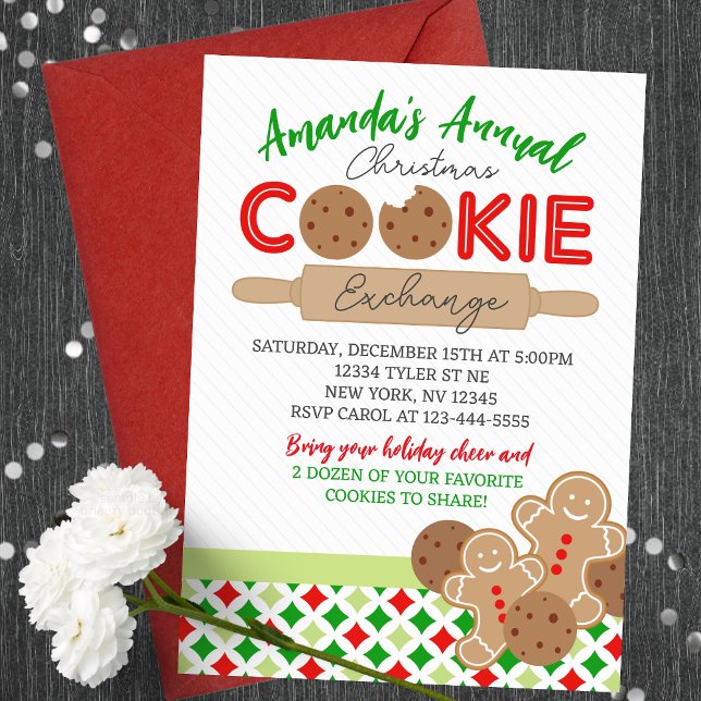 Invitation Fête Noël Cookie Exchange Party (Bright & Merry Holiday Christmas Cookie Exchange Party Invites. Featuring sweet gingerbread cookies)