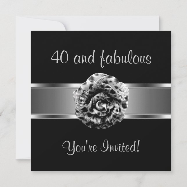 Invitation Fête Noir Gris Fleur Incroyable 40 ans (Devant)