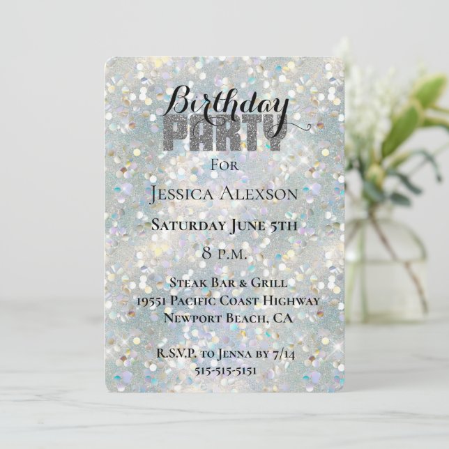 Invitation Fête Paillettes Argentées Bleu Blanc Bokeh Anniver (Debout devant)