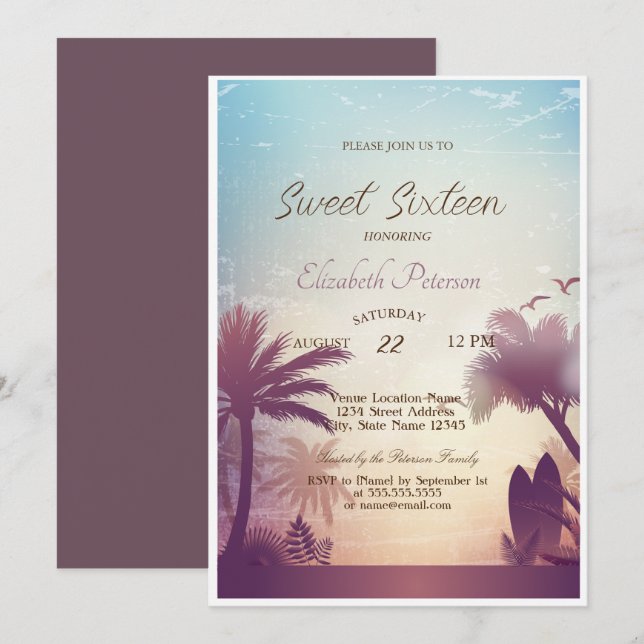 Invitation Fête Palms Beach Surfboard Sweet 16   (Devant / Derrière)