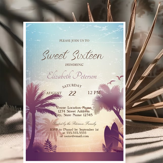 Invitation Fête Palms Beach Surfboard Sweet 16   (Créateur téléchargé)