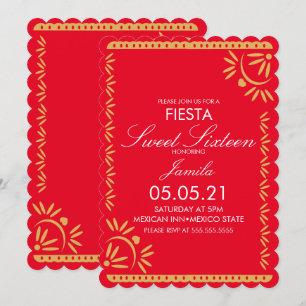 Invitation Fête Papel Picado Sweet 16 Mexicain Escallopé Roug