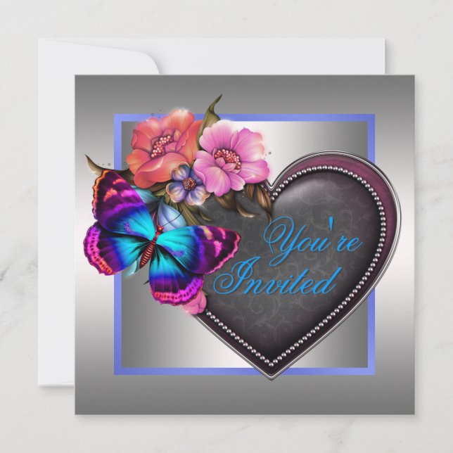 Invitation Fête Papillon Rose Argent Violet (Devant)