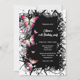 Invitation fête papillon rose noir blanc aquarelle