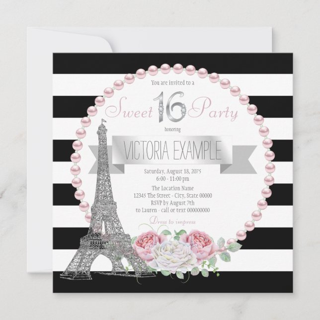 Invitation Fête Paris Sweet 16 avec Rayure Noire (Devant)