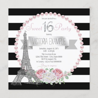 Invitation Fête Paris Sweet 16 avec Rayure Noire
