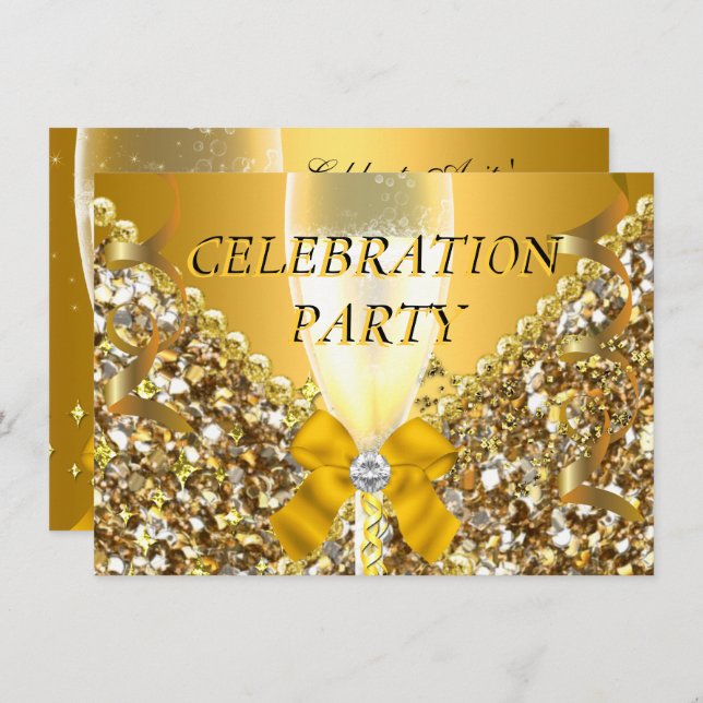 Invitation FÊTE Parties scintillant Gold Silver Champagne Par (Devant / Derrière)