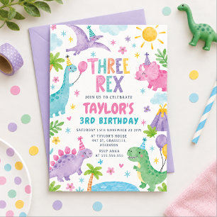 Invitation Fête pastel pour les 3 ans de Dinosaur Three Rex