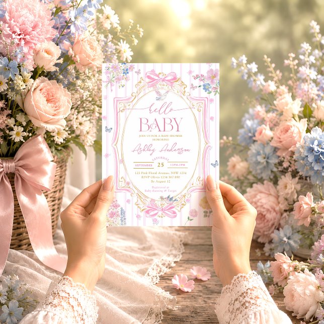 Invitation Fête Pastel Rose Coquette Fleurie Bébé Fille (Créateur téléchargé)