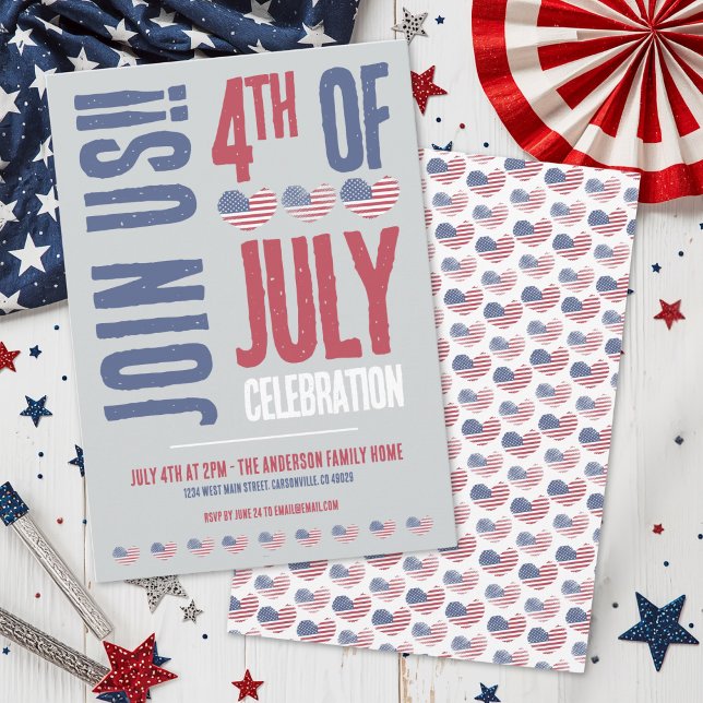 Invitation Fête patriotique du 4 juillet (Cute Rustic Heart American Flag 4th Of July Party Invitation)