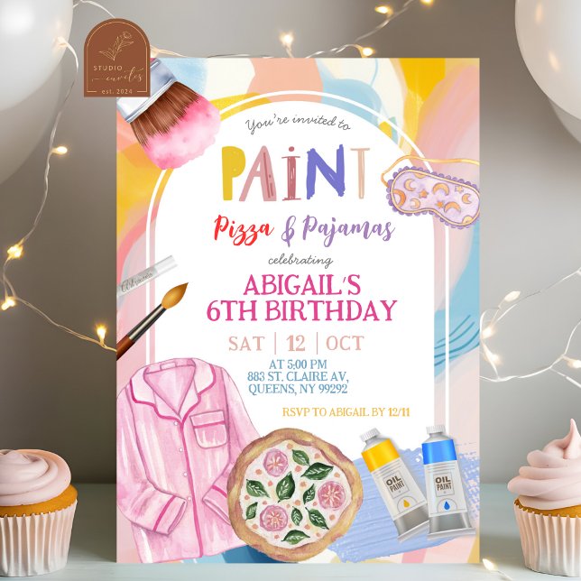 Invitation Fête Peinture Pastel Rose Pizza et Pyjamas (Créateur téléchargé)