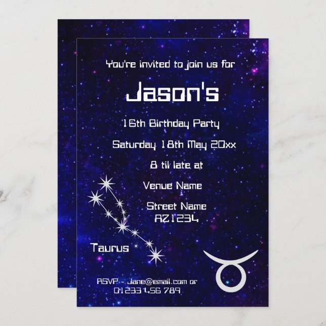 Invitation Fête personnalisée du zodiaque Taureau Galaxy (Devant / Derrière)